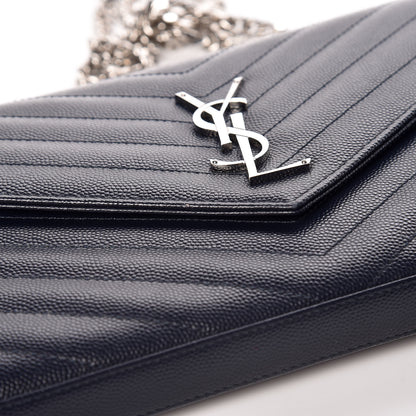 Saint Laurent Grain De Poudre Matelasse Chevron Monogram Chain Wallet Deep Marine 11 of 12
