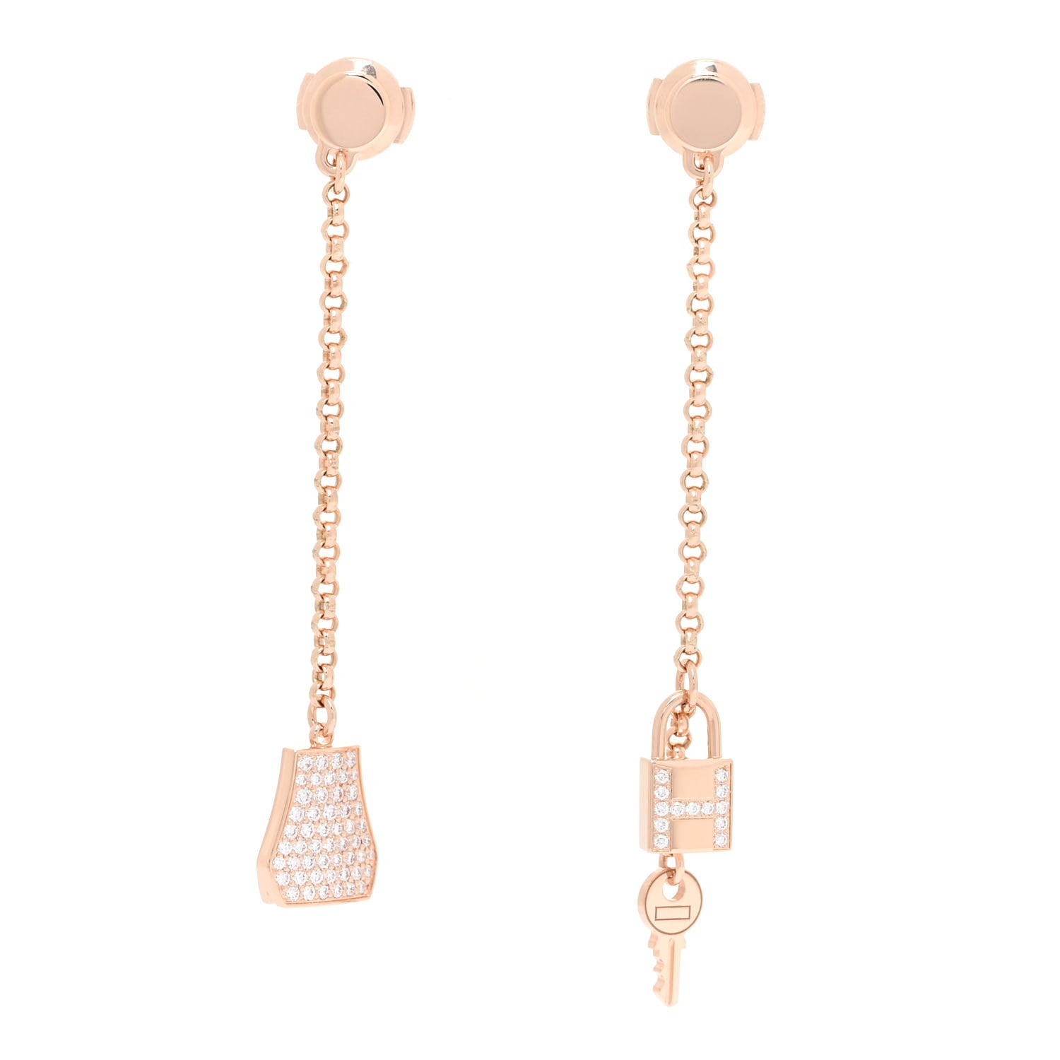 Hermes 18K Rose Gold Diamond Kelly Clochette Drop Earrings 1 of 6