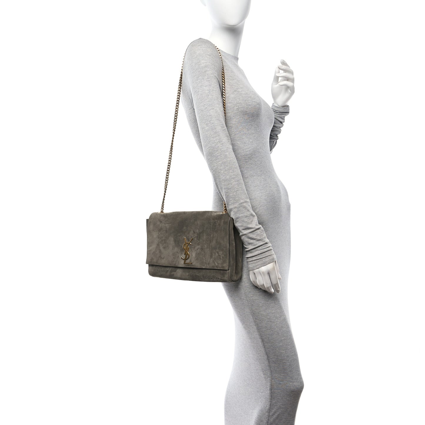 Smooth Calfskin Suede Medium Reversible Monogram Kate Satchel Taupe