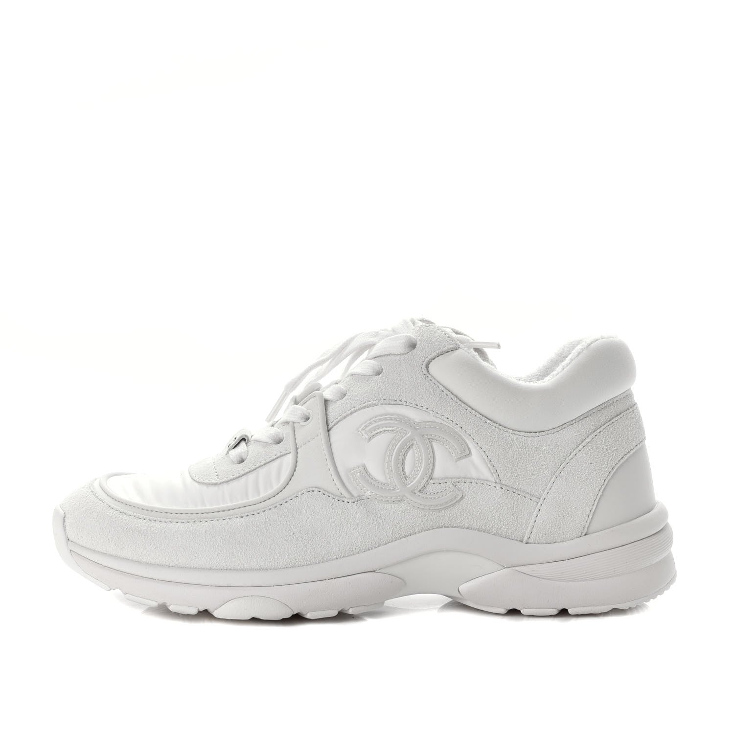 Chanel Suede Calfskin Fabric CC Sneakers 37.5 White 1 of 6