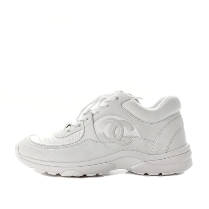 Chanel Suede Calfskin Fabric CC Sneakers 37.5 White 1 of 6