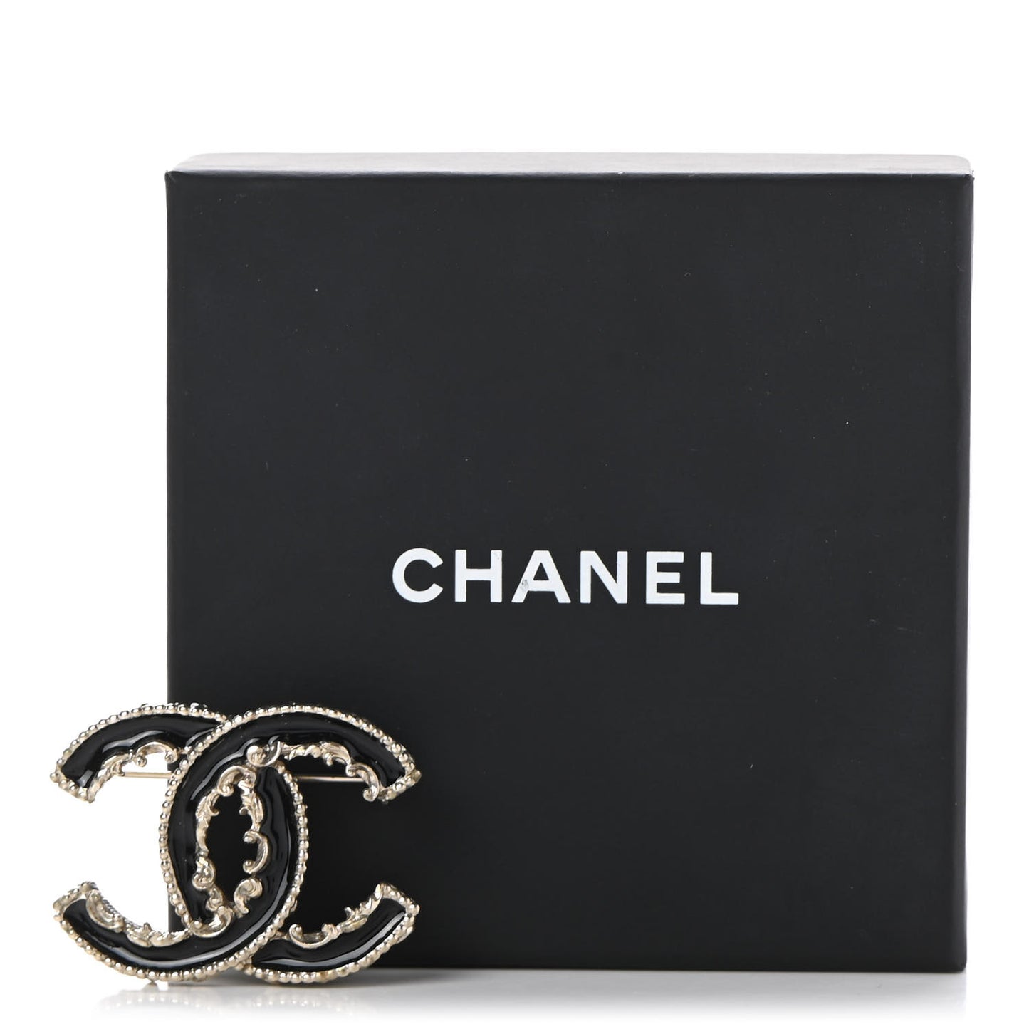 Enamel CC Baroque Brooch Black Gold