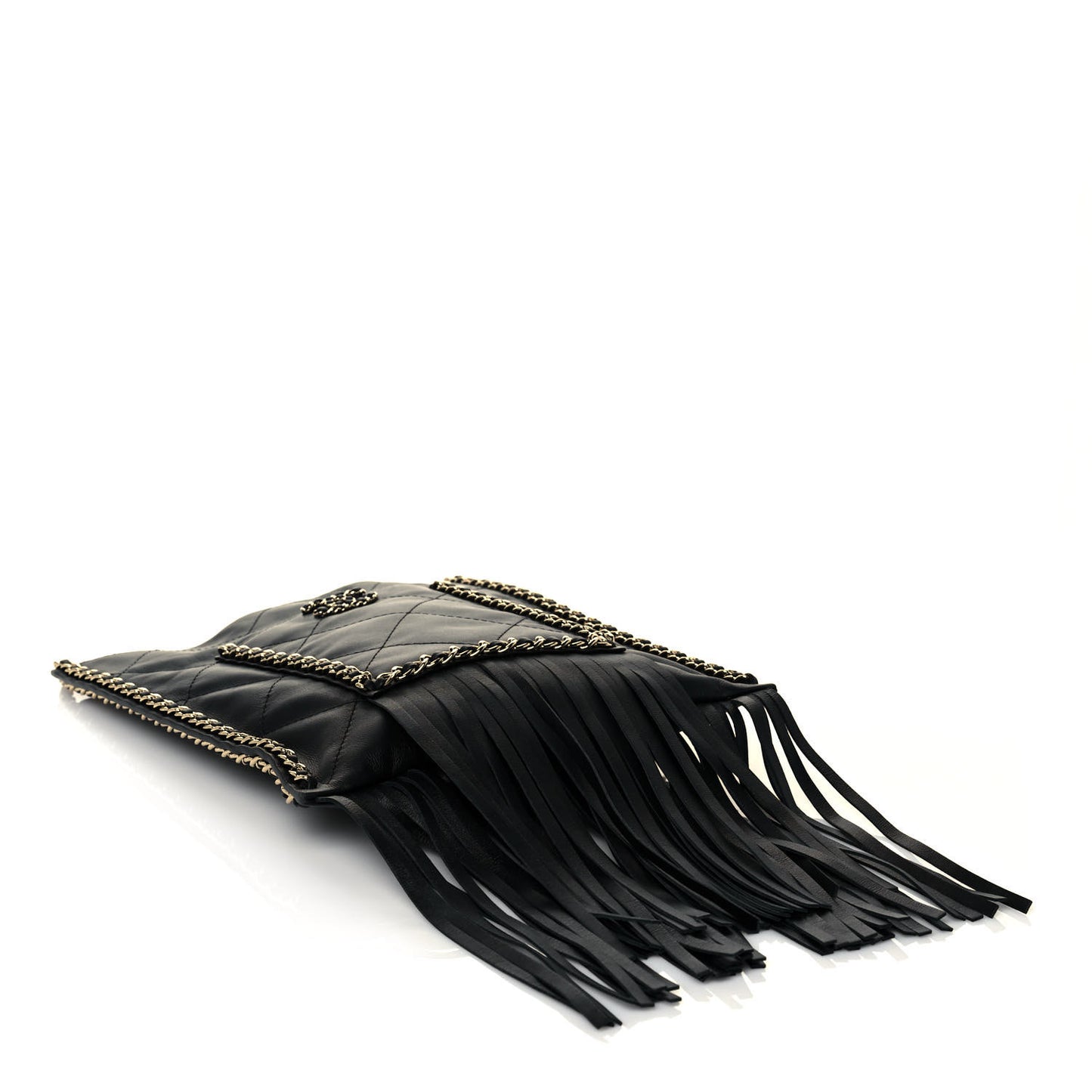 Calfskin Quilted Fringe Small Shopping Bag Black