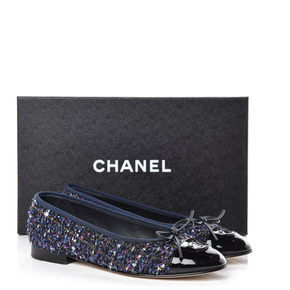 Chanel Tweed Patent Calfskin Cap Toe Ballerina Flats 37.5 Blue Pink Black 14 of 14