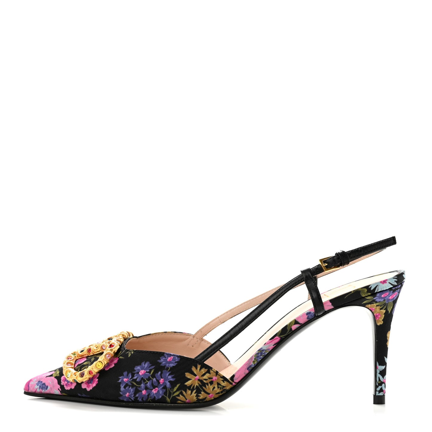 Satin Moire Floral Vlogo Loco Slingback 80mm Pumps 37 Black Multicolor
