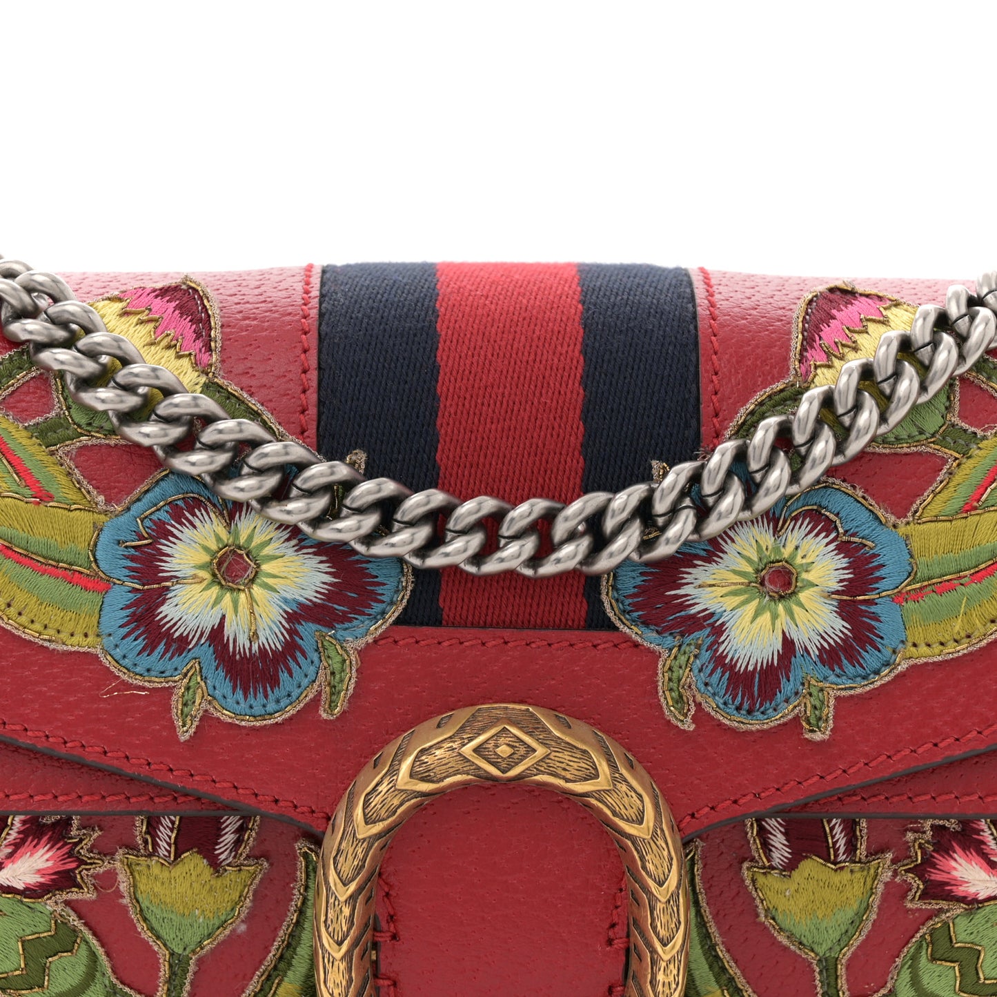 Calfskin Web Floral Embroidered Small Dionysus Shoulder Bag Hibiscus Red