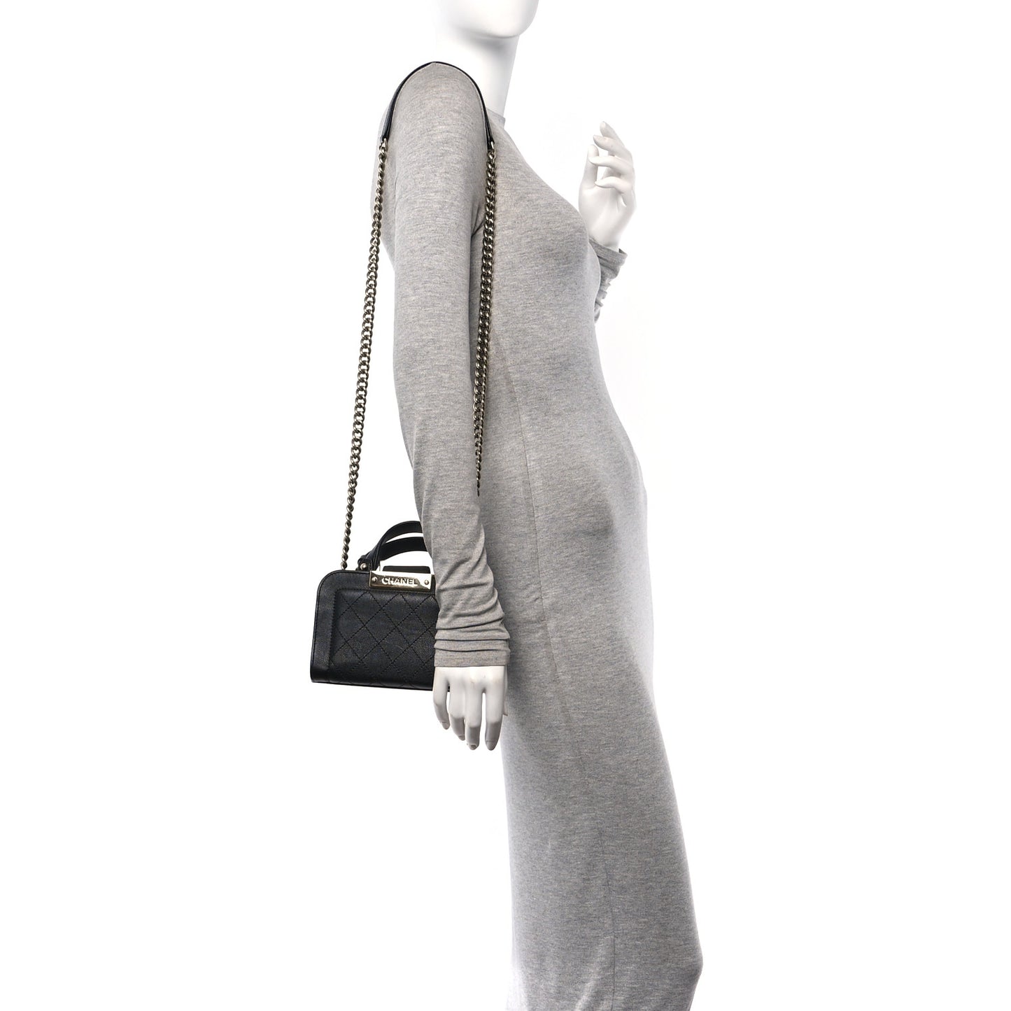 Grained Calfskin Stitched Mini Label Click Shopper Tote Black