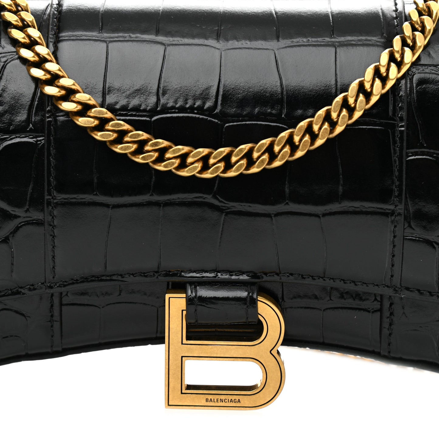 Shiny Calfskin Crocodile Embossed Hourglass Chain Bag Black