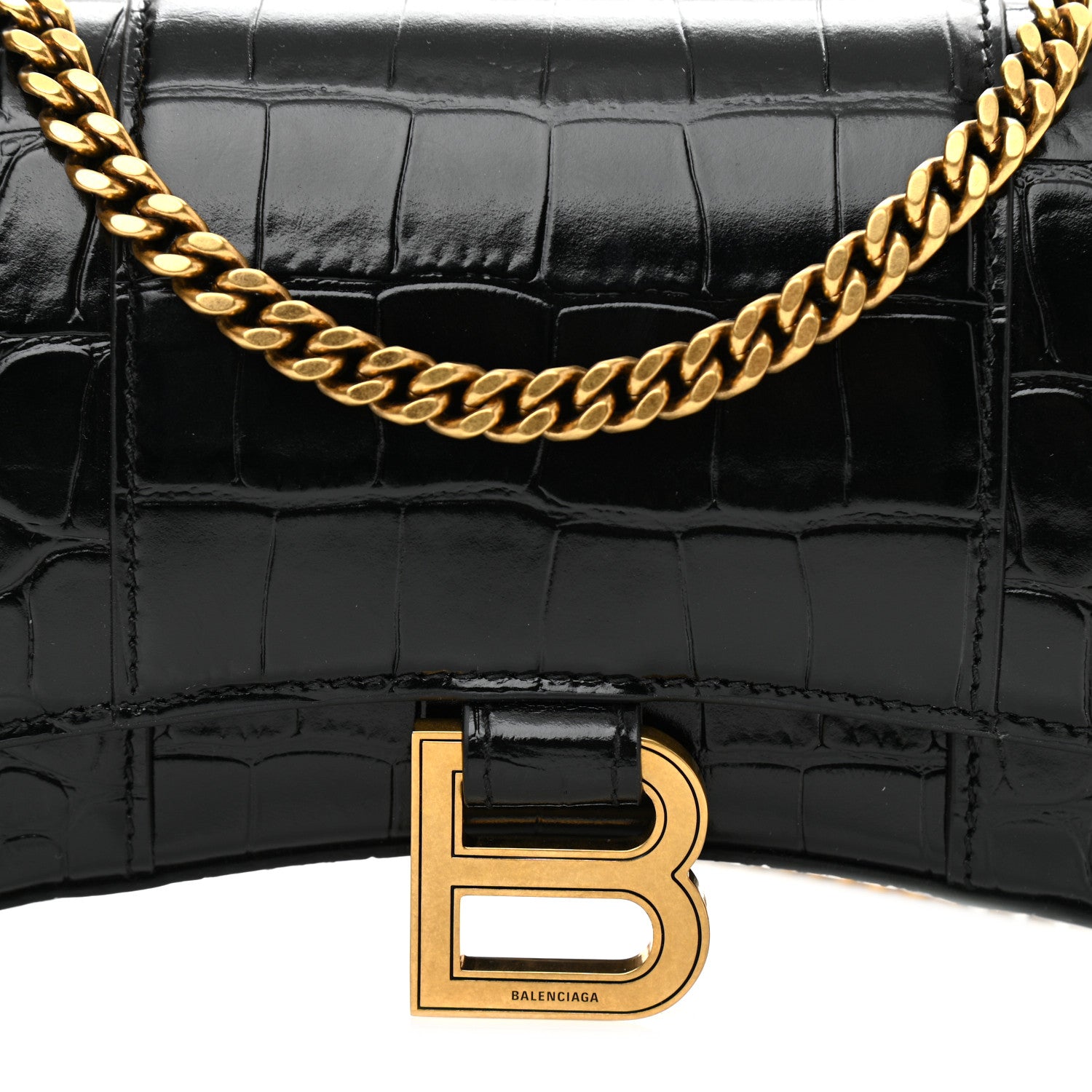 Balenciaga Shiny Calfskin Crocodile Embossed Hourglass Chain Bag Black 6 of 8