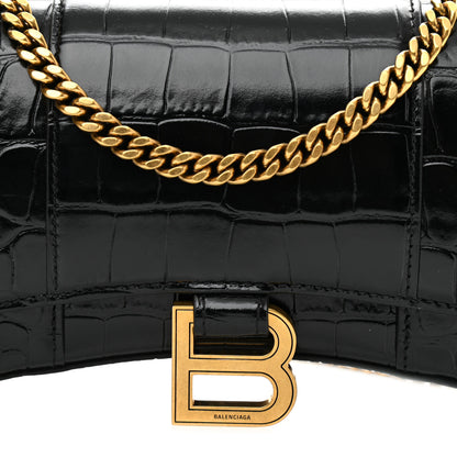 Balenciaga Shiny Calfskin Crocodile Embossed Hourglass Chain Bag Black 6 of 8