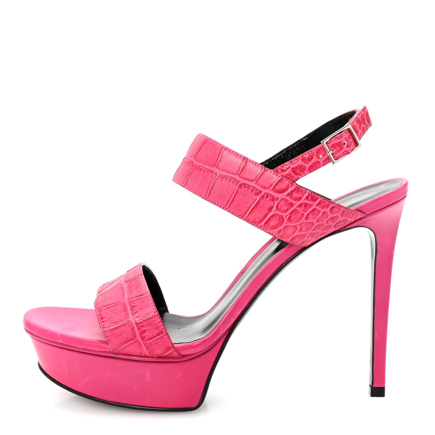 Calfskin Crocodile Embossed 80 Platform Ankle Strap Sandals 37.5 Bubblegum