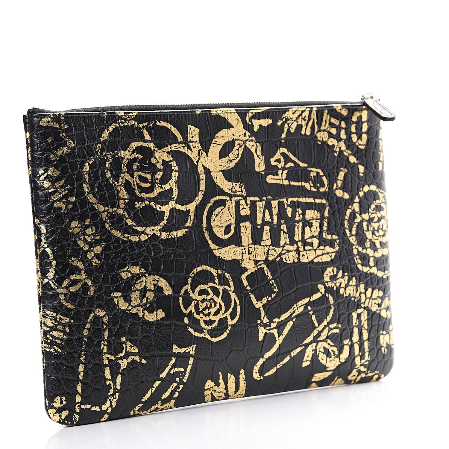Chanel Calfskin Crocodile Embossed Graffiti 2.55 Medium Cocodile Reissue Cosmetic Case Black Gold 2 of 6