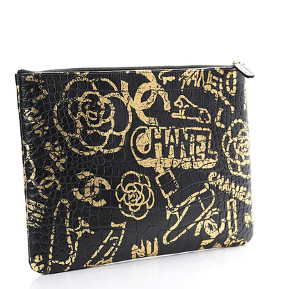 Chanel Calfskin Crocodile Embossed Graffiti 2.55 Medium Cocodile Reissue Cosmetic Case Black Gold 2 of 6