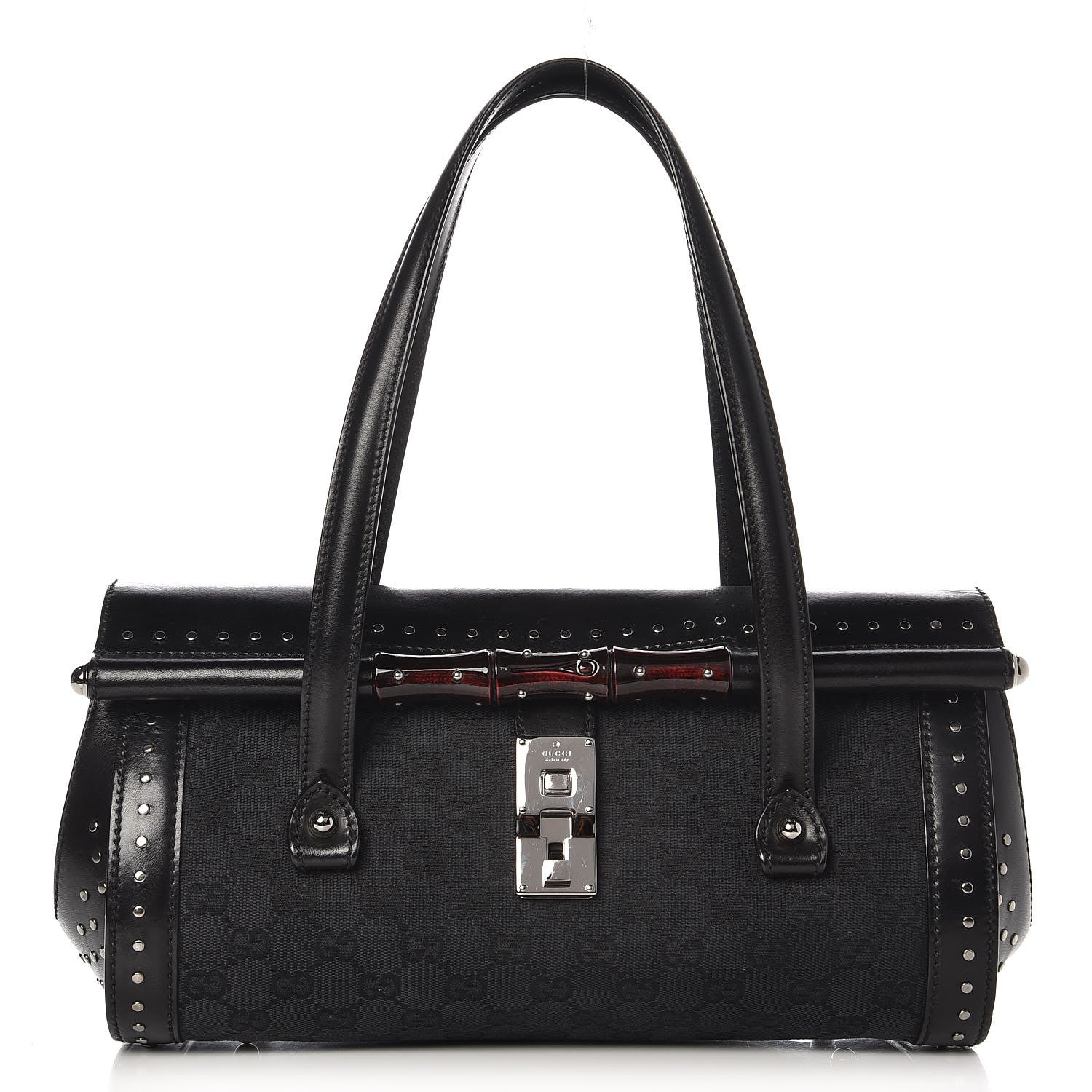 Gucci Monogram Studded Bamboo Bullet Satchel Black 1 of 7