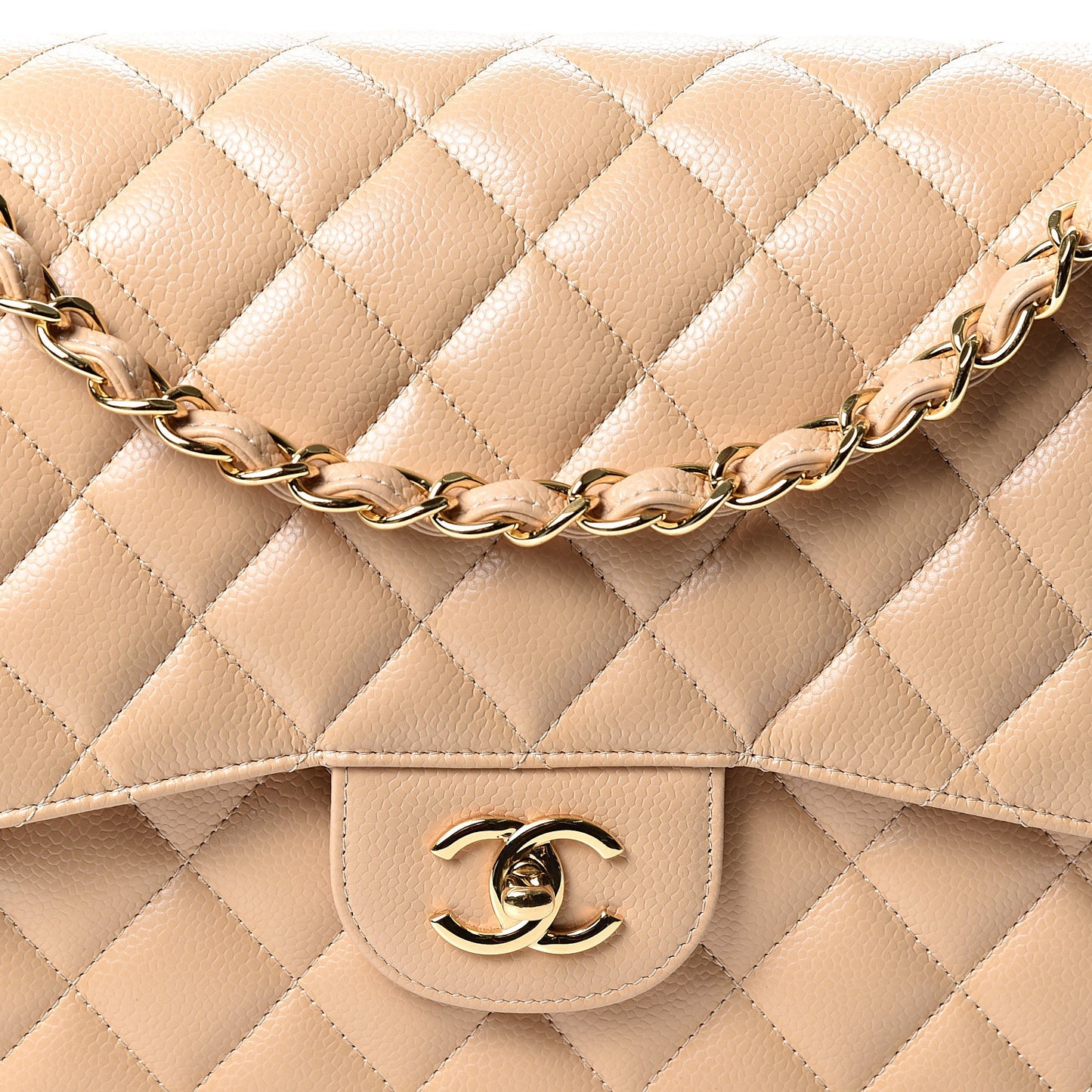 Caviar Quilted Jumbo Double Flap Beige