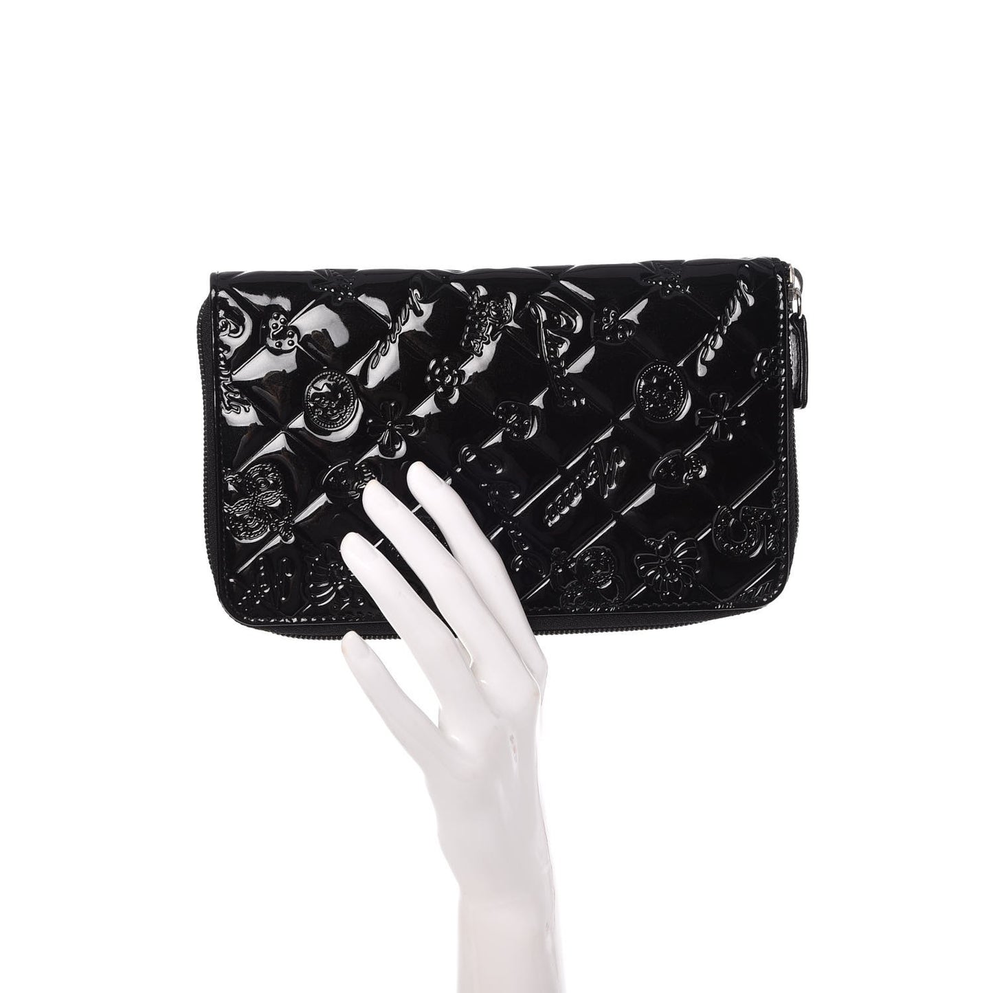Patent Calfskin Lucky Symbols Zip Around Wallet Black