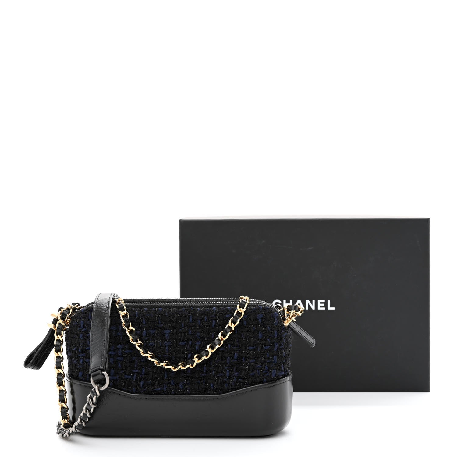Chanel Tweed Calfskin Small Gabrielle Clutch With Chain Black Blue 17 of 17