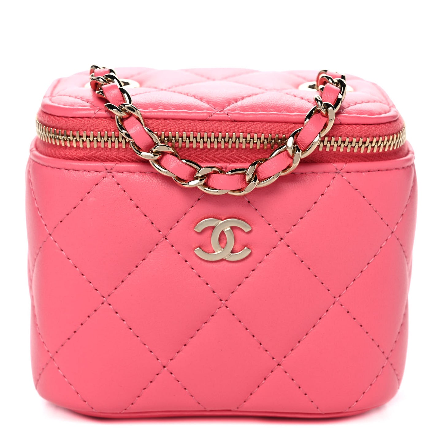 Lambskin Quilted Mini Vanity Case With Chain Dark Pink