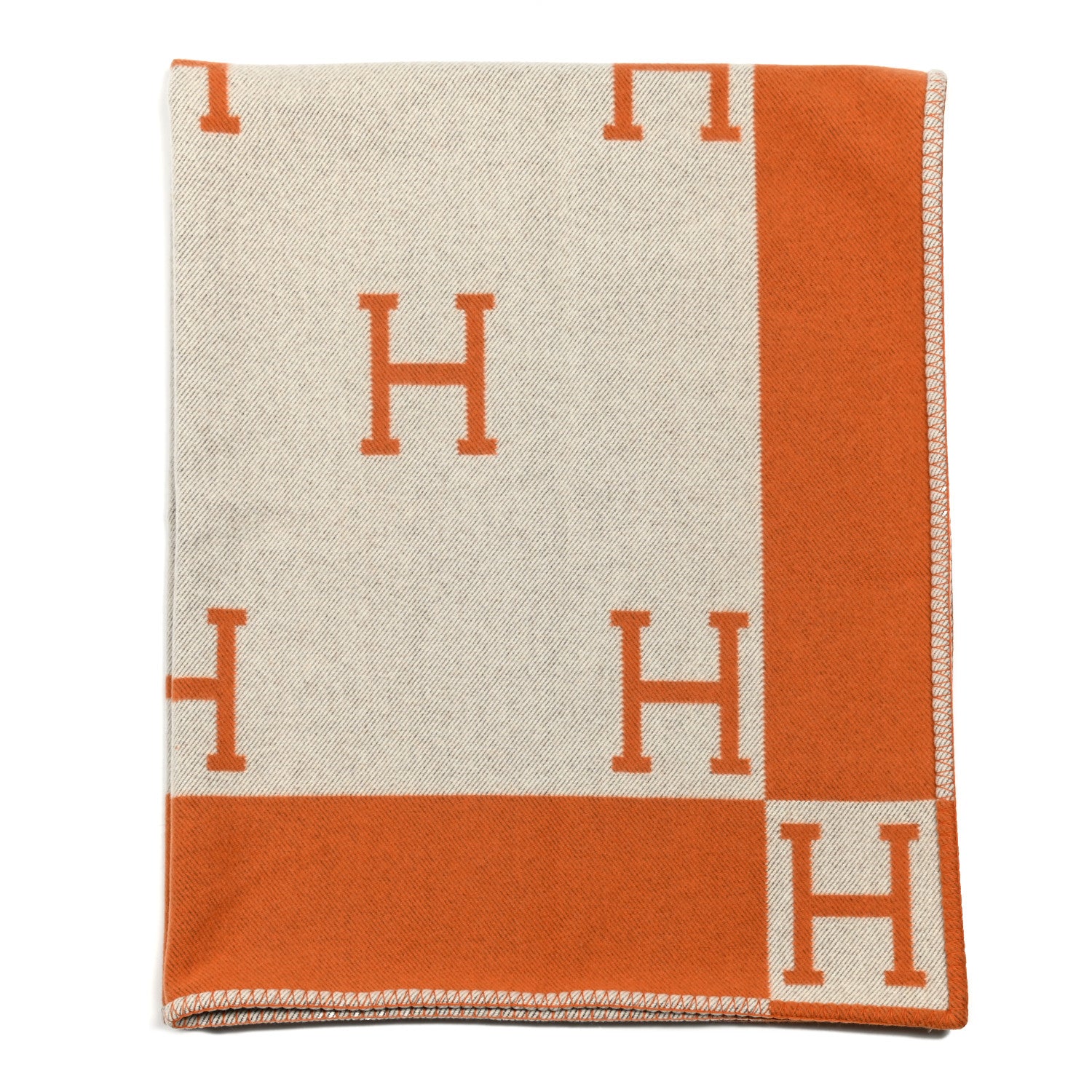 Hermes Wool Cashmere Signature Classic Avalon Blanket Ecru Potiron 1 of 3