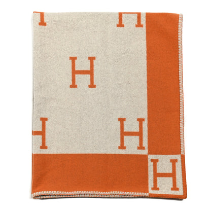 Hermes Wool Cashmere Signature Classic Avalon Blanket Ecru Potiron 1 of 3