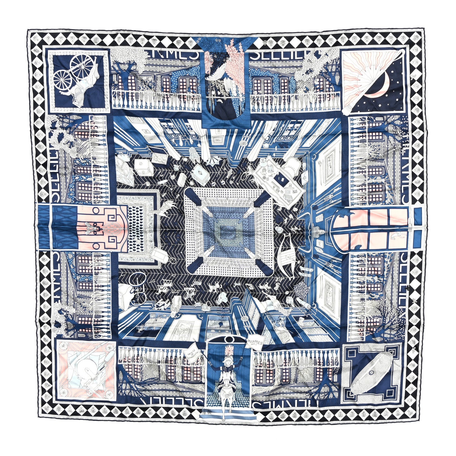 Hermes Silk Objets de Curiosite Scarf 90 Marine Rose Poudre 1 of 5