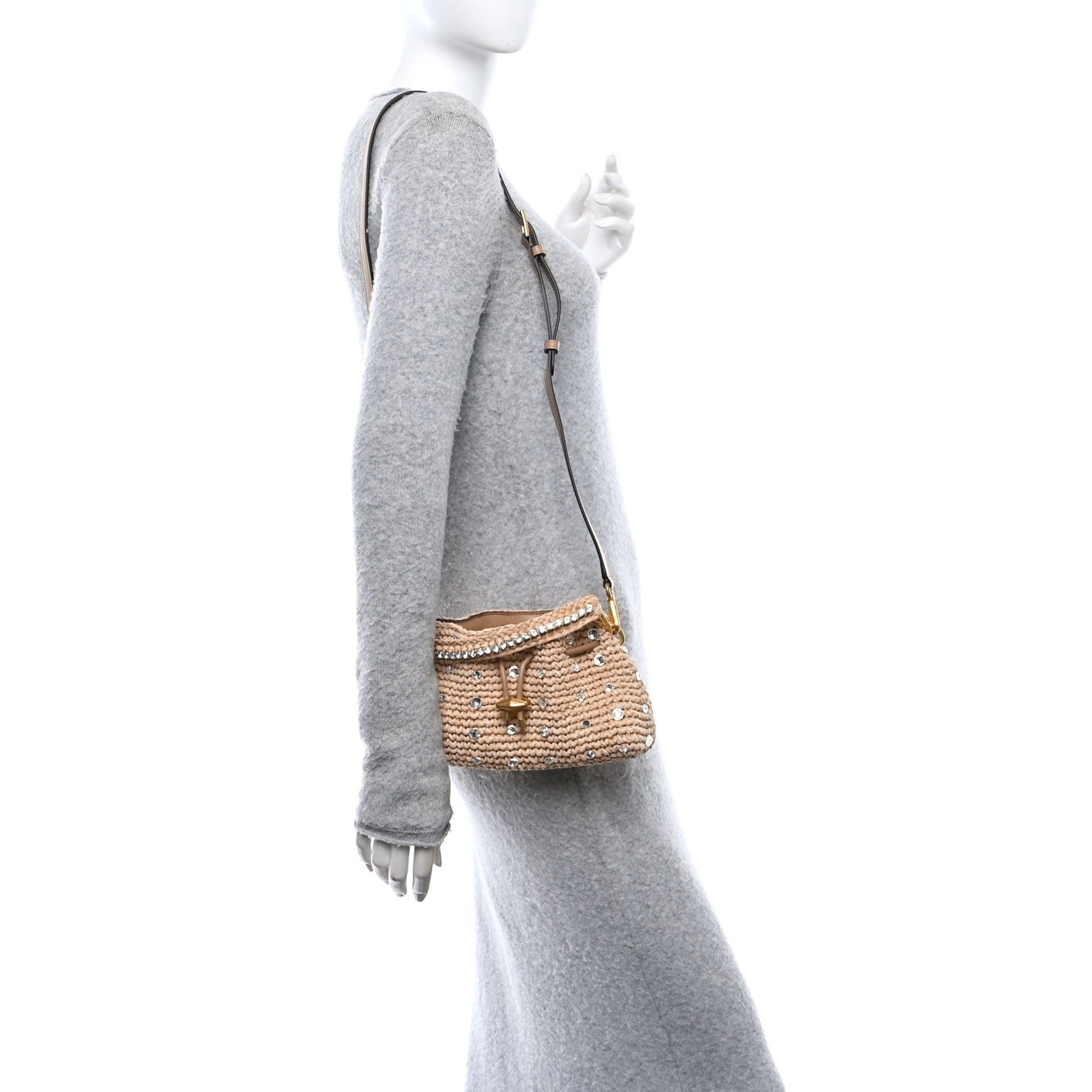 Jimmy Choo Raffia Woven Crystal Small Cinch Bag Natural 2 of 11