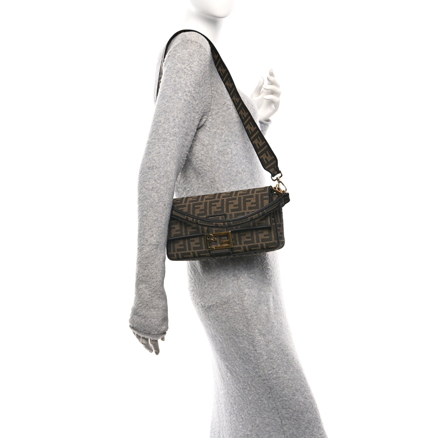 Fendi Fabric Jacquard FF 1974 Medium Baguette Tobacco Moro Black 2 of 10