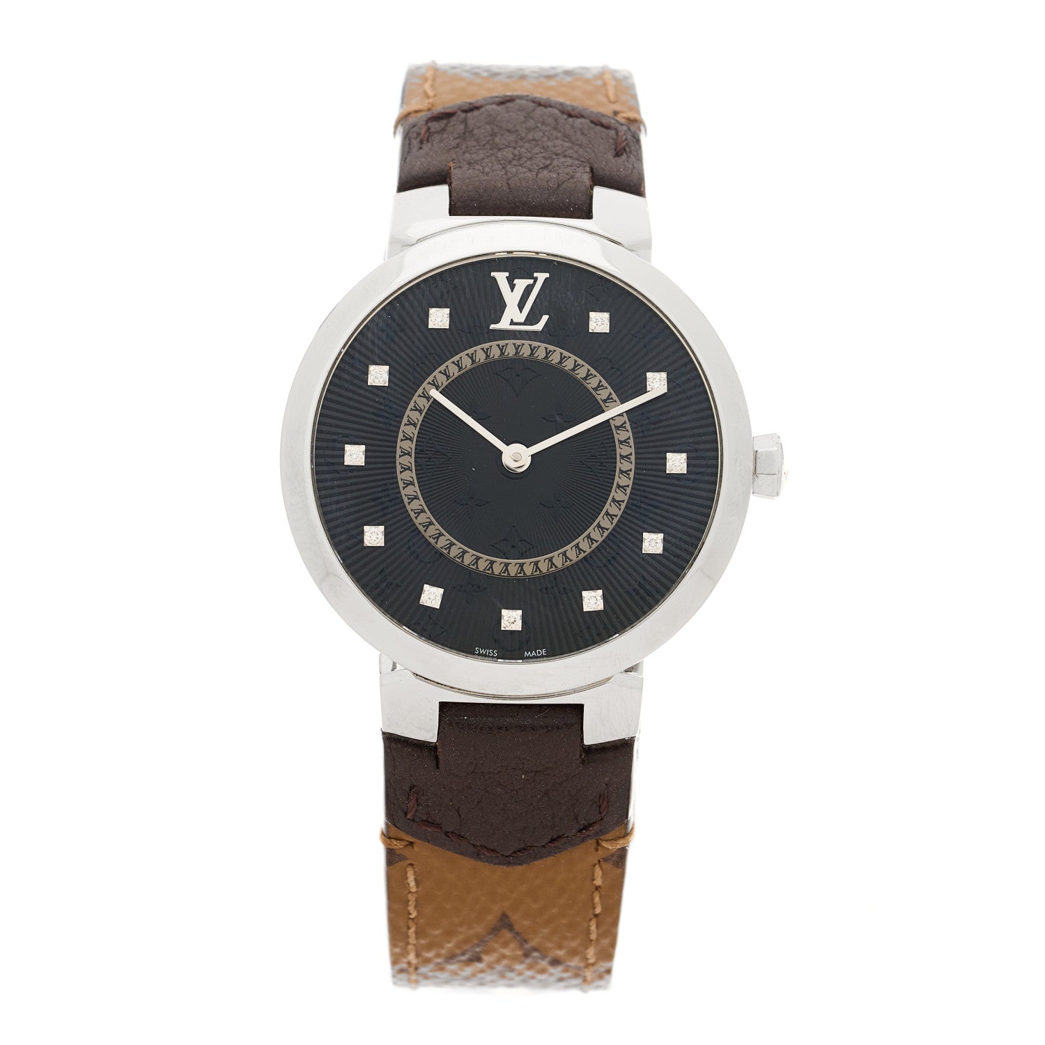 Louis Vuitton Stainless Steel Monogram Diamond 33mm Tambour Slim Quartz Watch Black 1 of 5