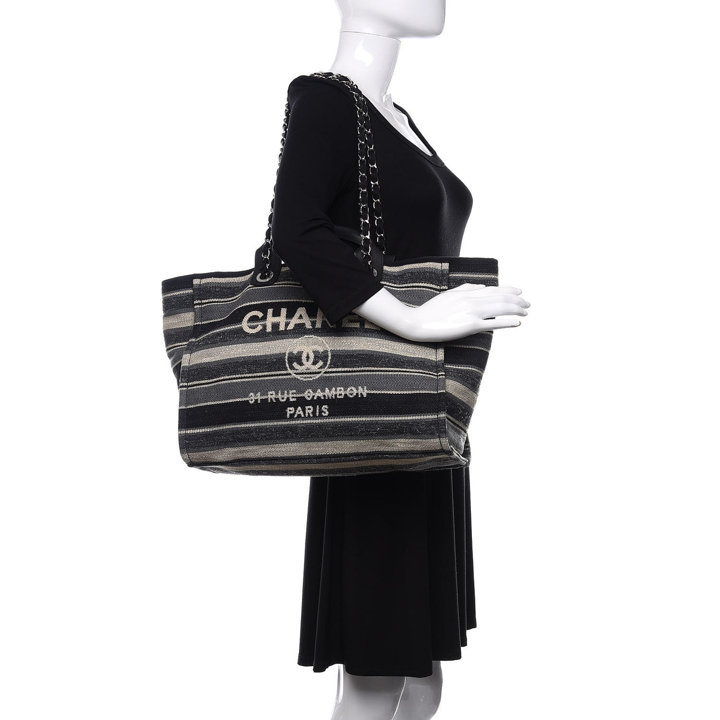 Striped Canvas Medium Deauville Tote Black