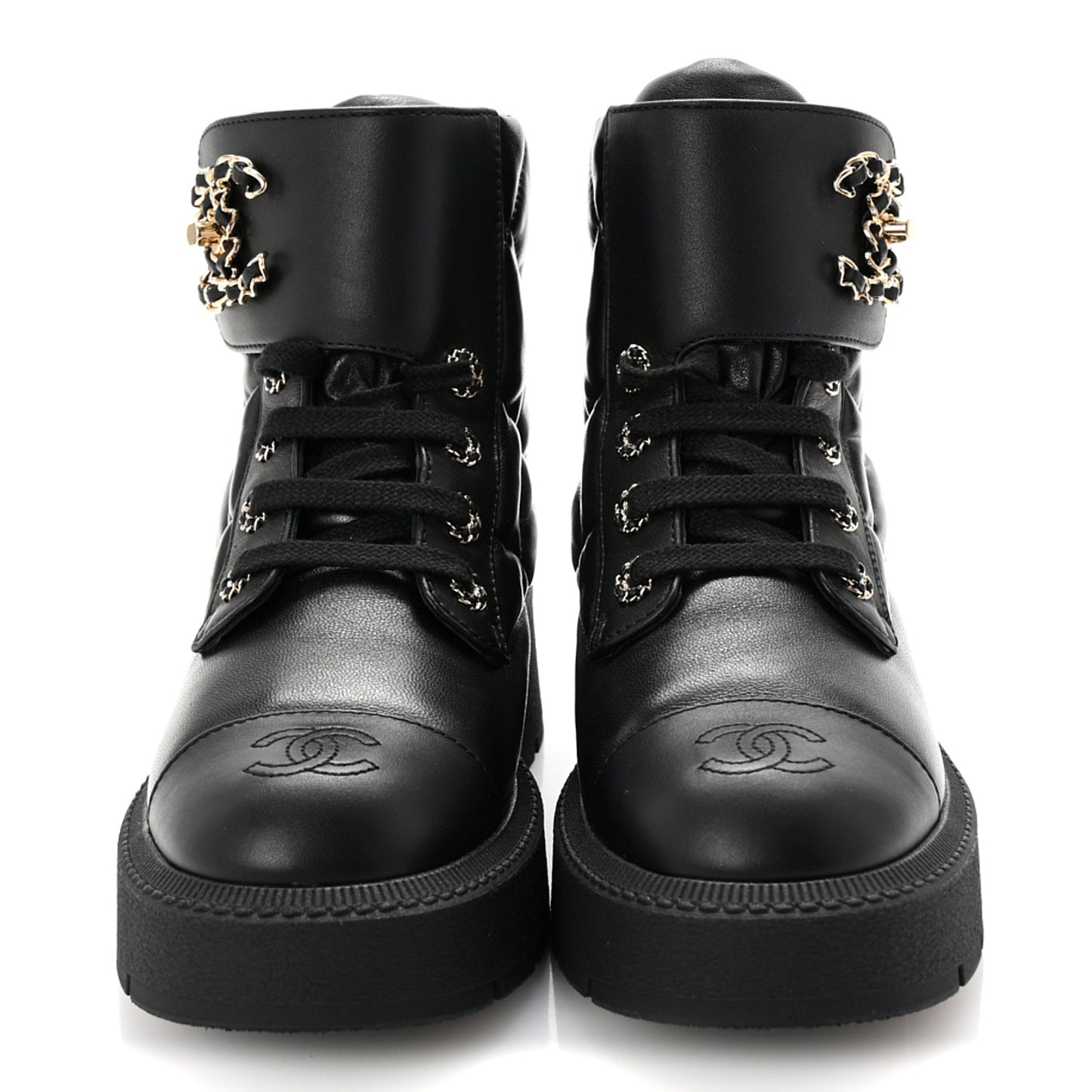 Lambskin Calfskin Quilted Lace Up Combat Boots 37 Black