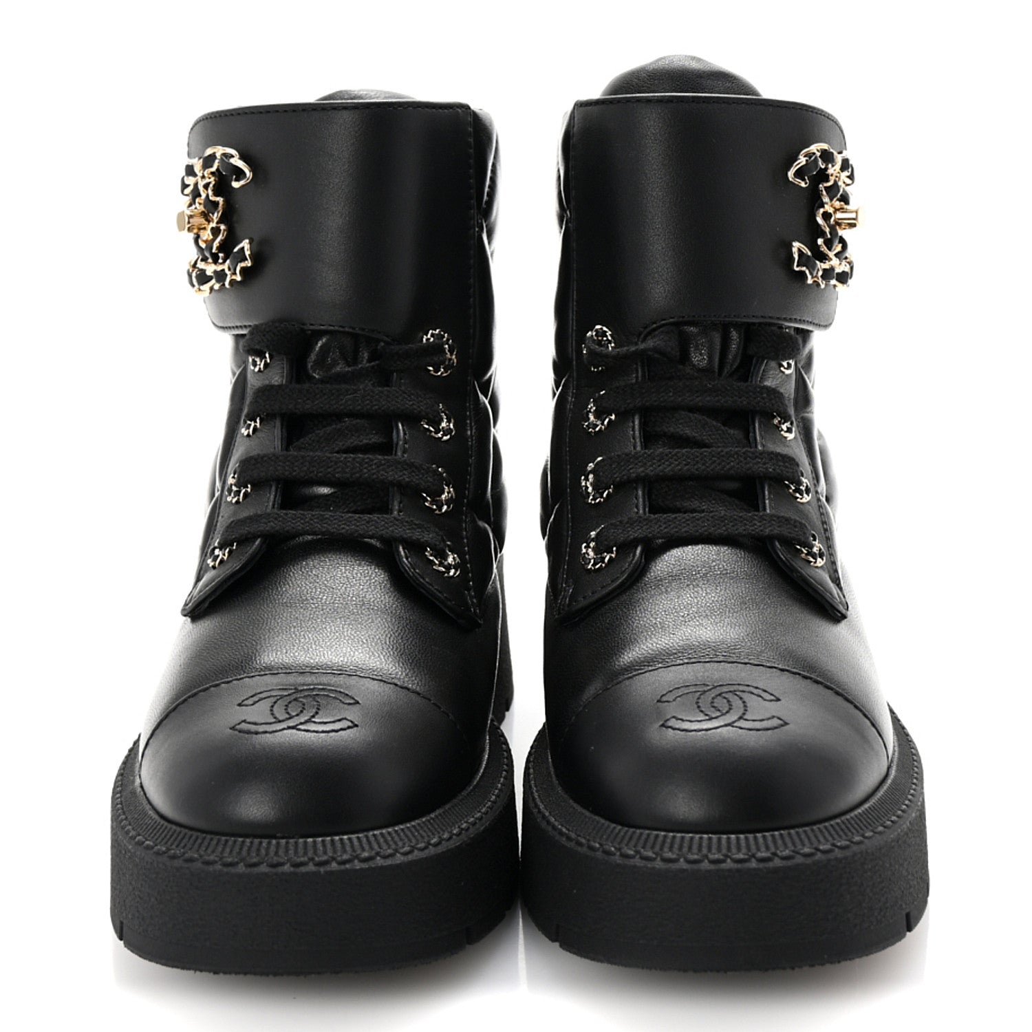 Chanel Lambskin Calfskin Quilted Lace Up Combat Boots 37 Black 3 of 10