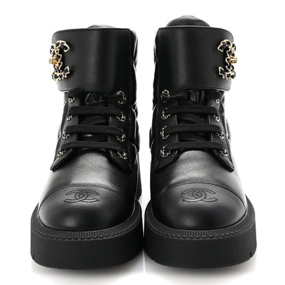Chanel Lambskin Calfskin Quilted Lace Up Combat Boots 37 Black 3 of 10