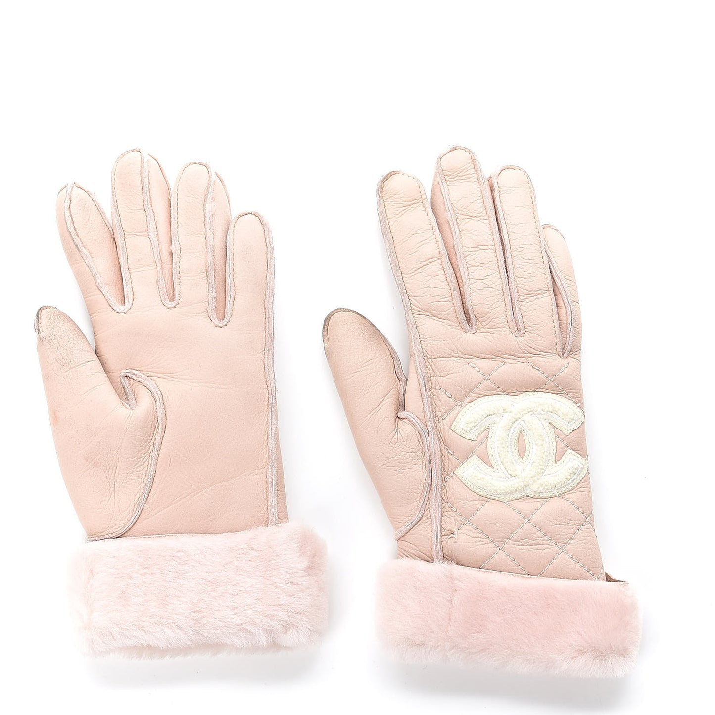Shearling Quilted CC Gloves 7.5 Light Pink