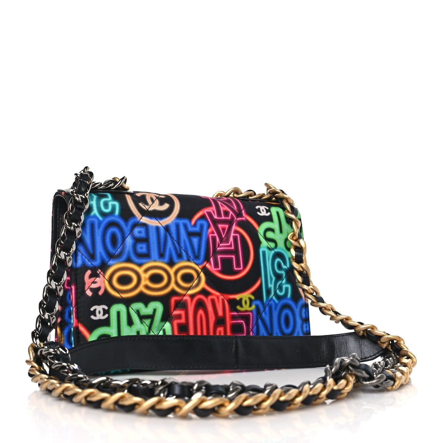 Fabric Printed Chanel 19 Wallet On Chain WOC Black Multicolor
