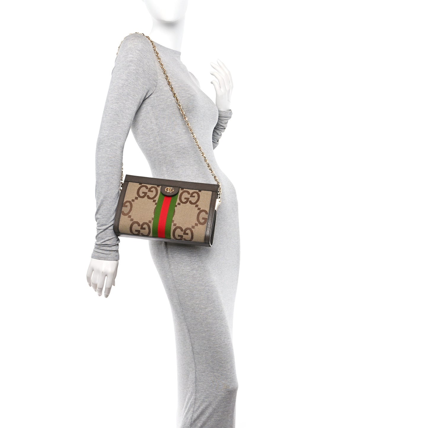 Monogram Jumbo GG Textured Dollar Calfskin Web Small Ophidia Chain Shoulder Bag Camel Ebony New Acero