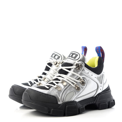 Gucci X SEGA Metallic Calfskin Mesh Womens Flashtrek Sneakers 35 Silver Black 3 of 10