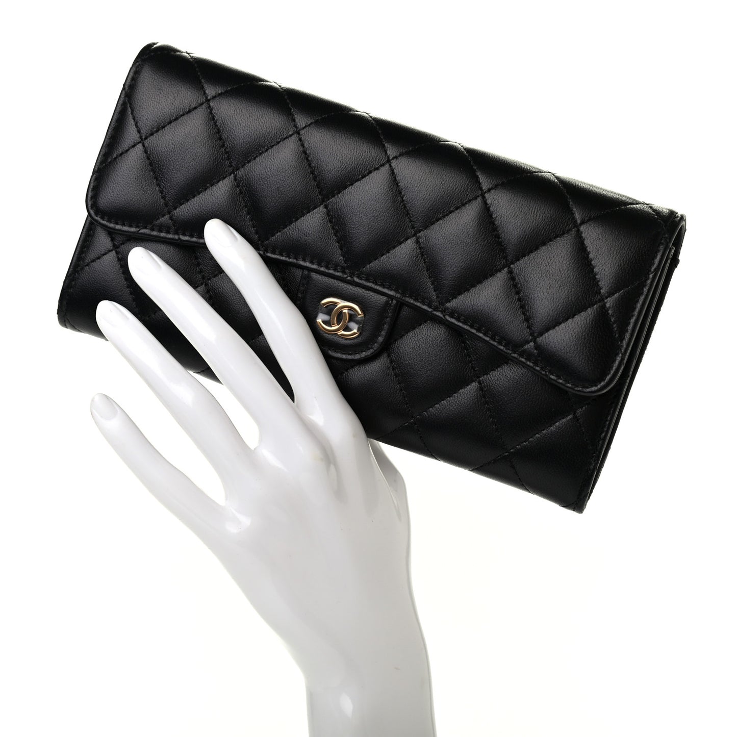 Lambskin Quilted Large Gusset Flap Wallet Black