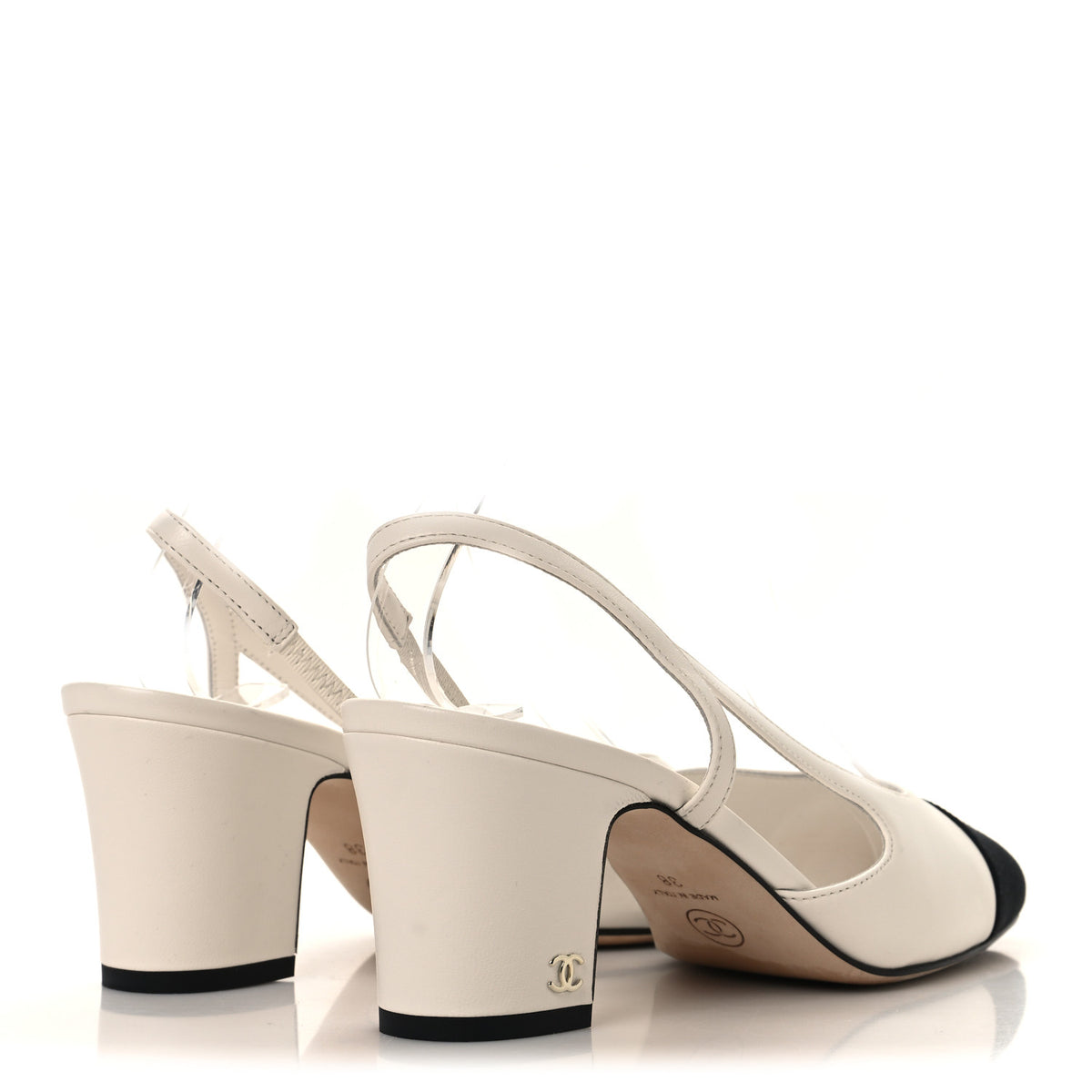 Chanel Goatskin Grosgrain Cap Toe CC Slingback Pumps 38 White Black 5 of 10