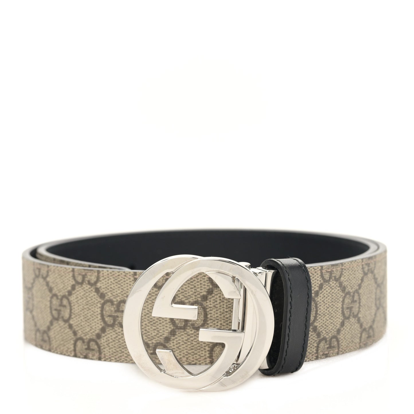 GG Supreme Monogram Selleria Calfskin Interlocking G Reversible 37mm Belt 85 34 Beige Ebony Black