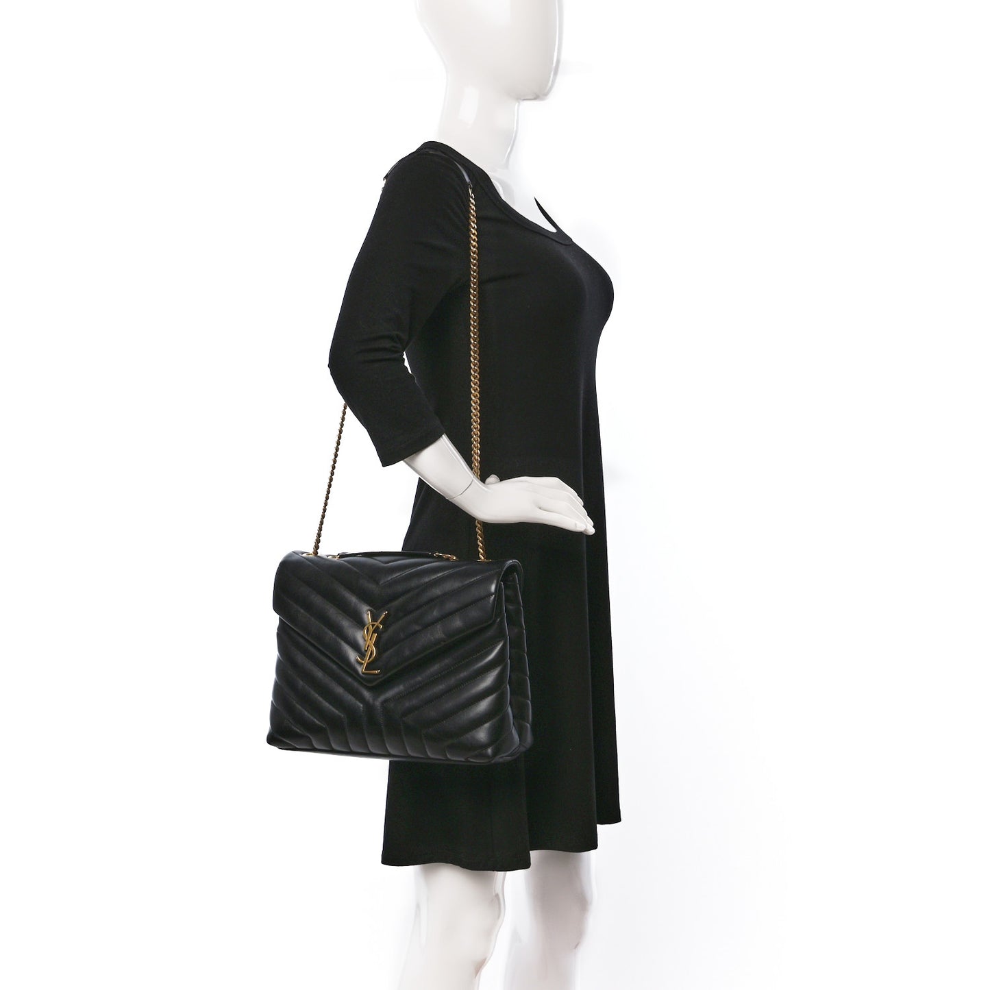 Calfskin Y Quilted Monogram Medium Loulou Chain Satchel Black