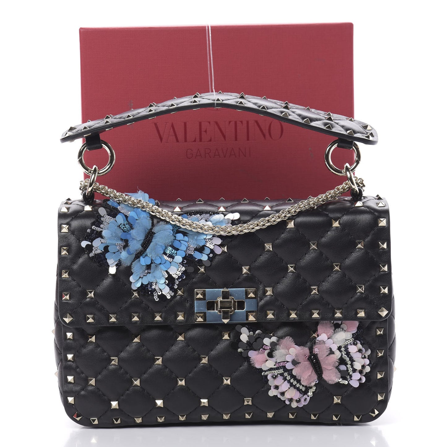 Nappa Butterfly Medium Rockstud Spike Shoulder Bag Black