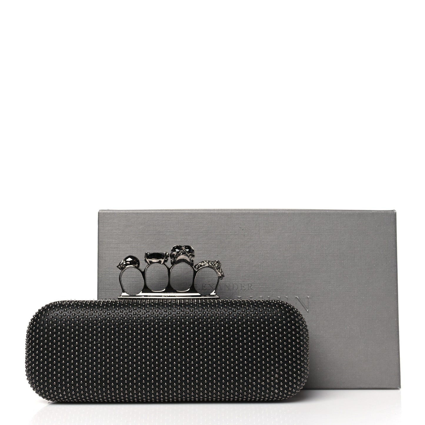 Suede Studded Skull Knuckle Box Clutch Black
