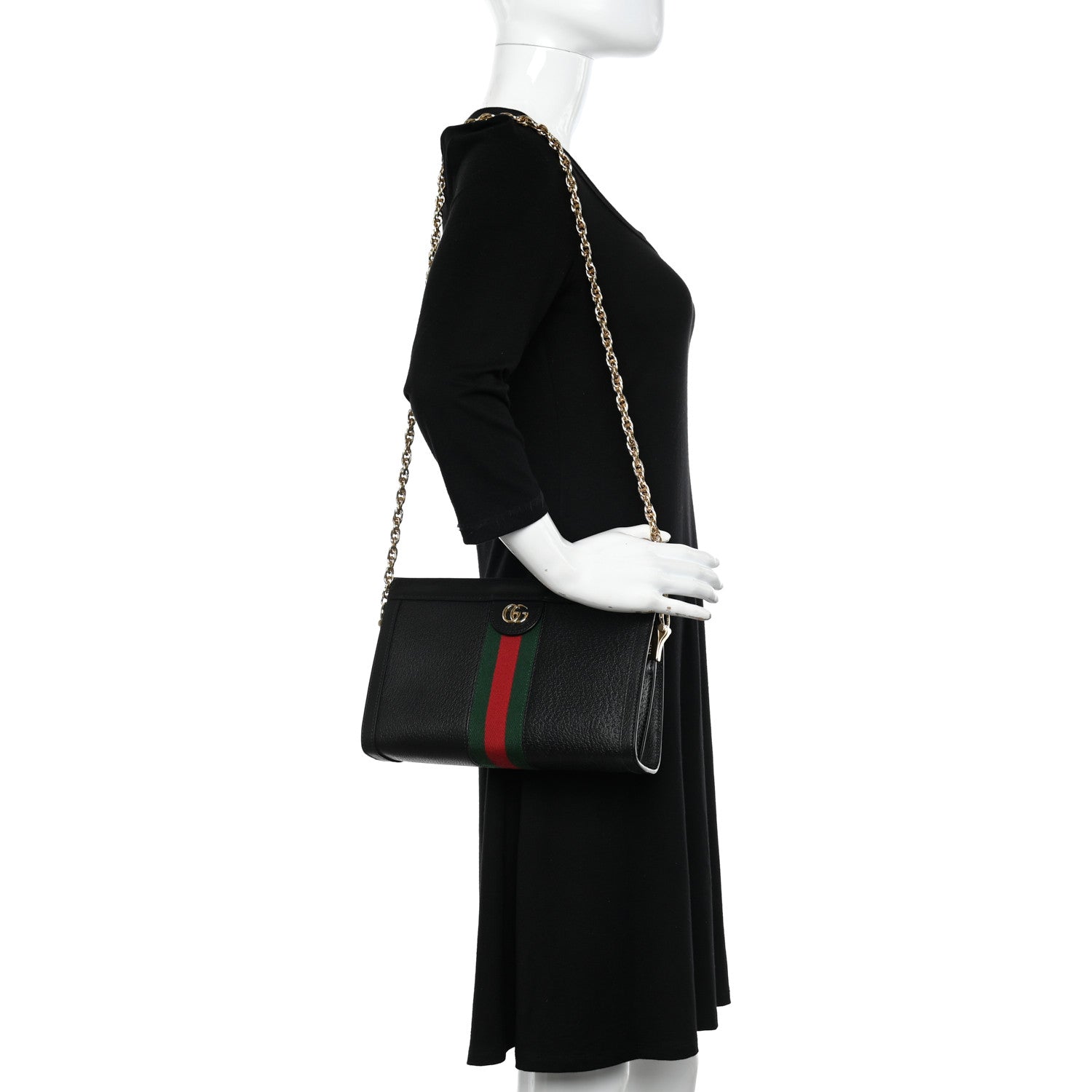Gucci Textured Calfskin Web Small Ophidia Chain Shoulder Bag Black 2 of 10