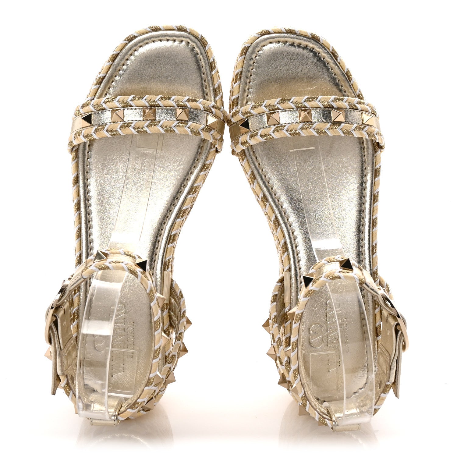 Valentino Garavani Laminated Nappa Rockstud Flatform Espadrille 45MM Sandals 36 Natural Ivory Gold Platinum 2 of 8