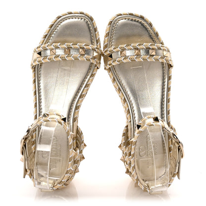 Valentino Garavani Laminated Nappa Rockstud Flatform Espadrille 45MM Sandals 36 Natural Ivory Gold Platinum 2 of 8