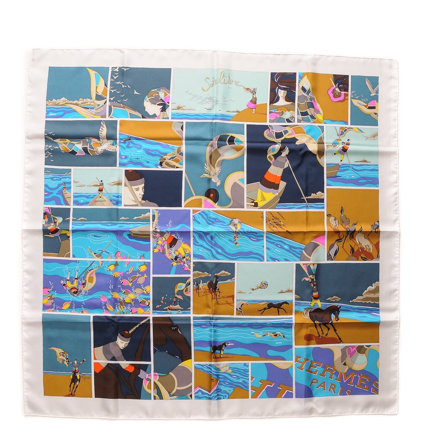 Hermes Silk Soie Libre Scarf 90 Bleu Ardoise Blanc 1 of 7