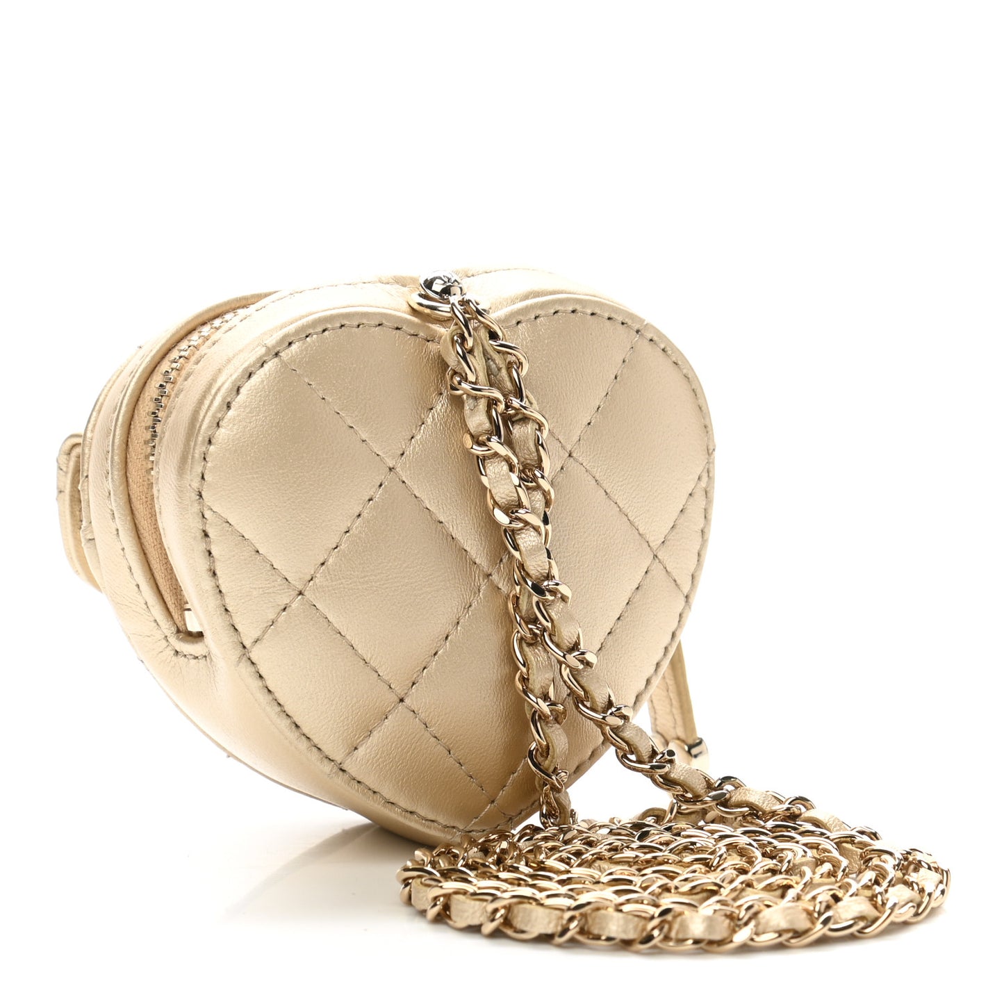 Metallic Lambskin Quilted CC In Love Heart Coin Purse With Chain Gold