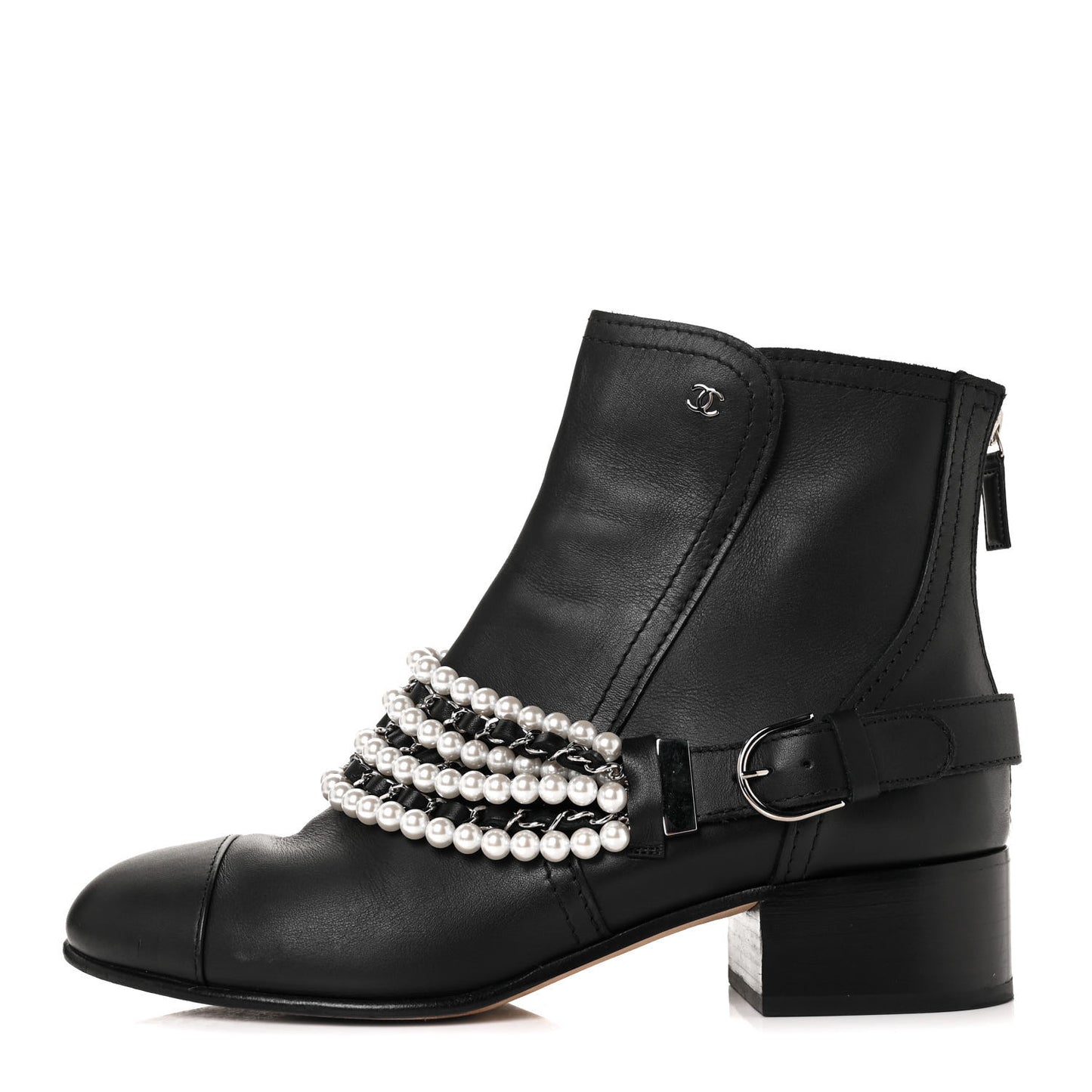 Calfskin Pearl Cap Toe Short Boots 41 Black