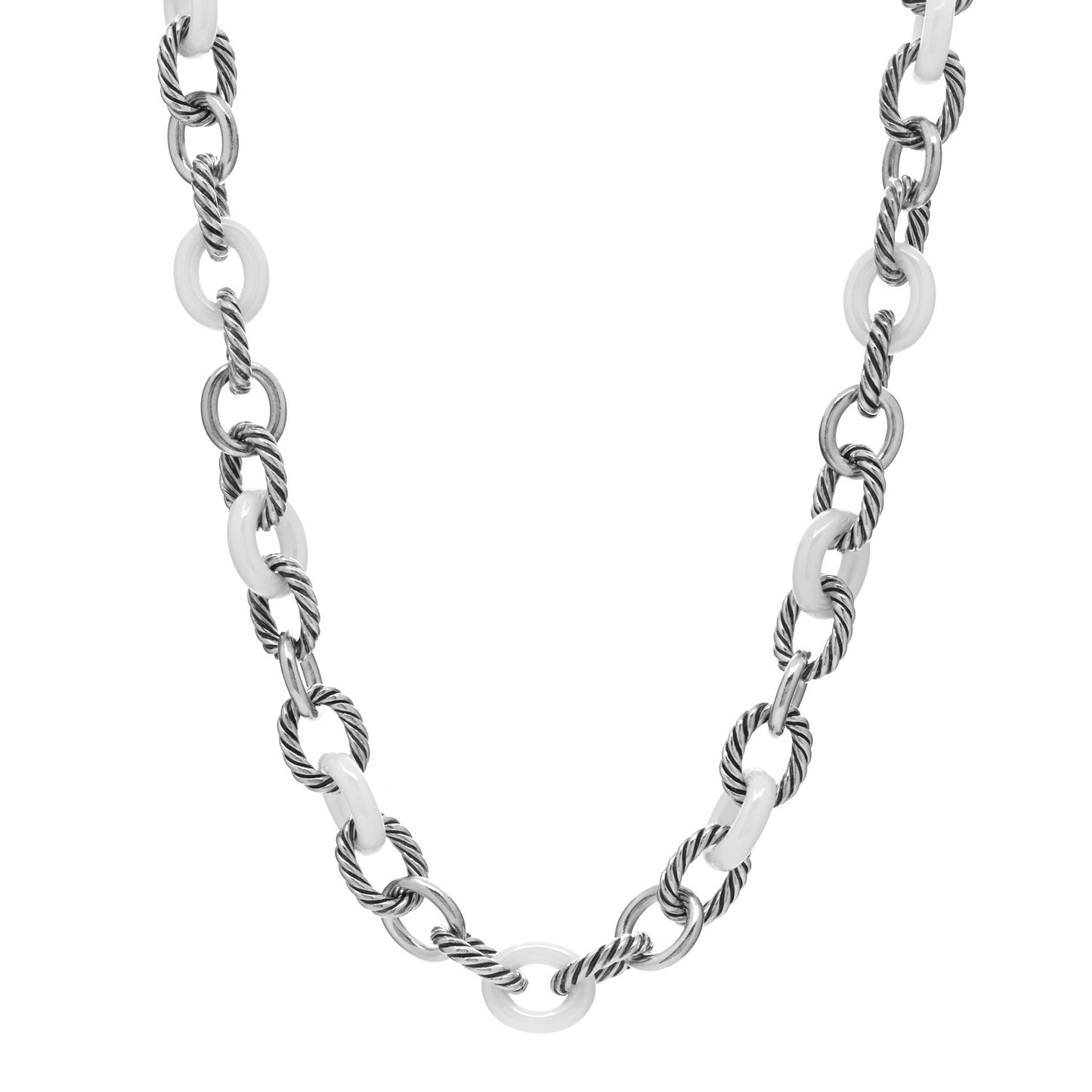 Sterling Silver Ceramic 12mm Oval Link Necklace White