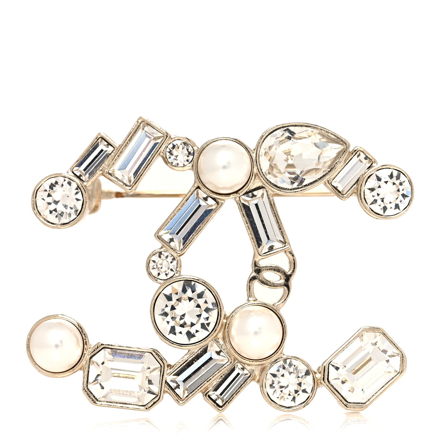 Crystal Baguette Pearl CC Brooch Gold